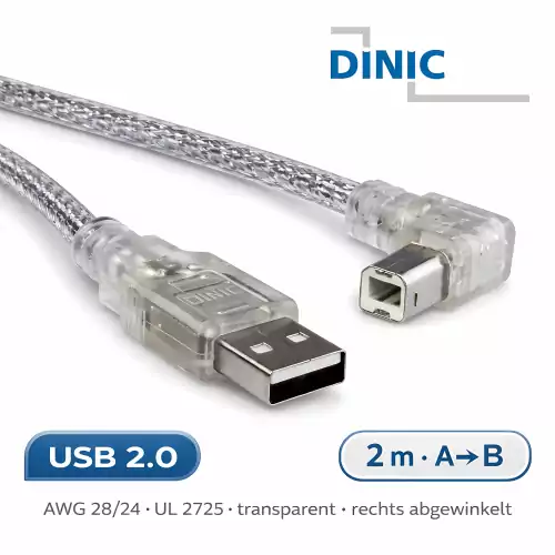 USB 2.0 kabelis A į B, dešiniuoju kampu, skaidrus, AWG 28/24, 2,00 m